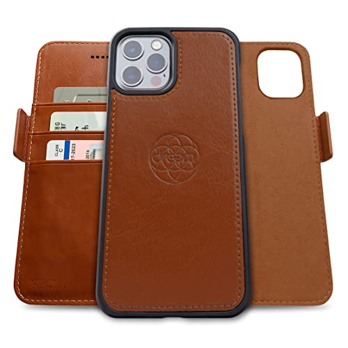 Dreem Vegan Leather Magnetic Detachable Wallet Case for iPhone 13 Pro Max | Built-in Phone Stand, RFID Blocking Card Holder Flip Cover, MagSafe Compatible, Gift Box [Fibonacci: Caramel] - color: Caramel, size: iPhone 13 Pro Max