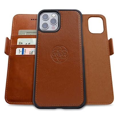 Dreem Vegan Leather Magnetic Detachable Wallet Case for iPhone 13 Pro Max | Built-in Phone Stand, RFID Blocking Card Holder Flip Cover, MagSafe Compatible, Gift Box [Fibonacci: Caramel] - color: Caramel, size: iPhone 13 Pro Max