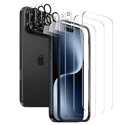 Screen Protector for iPhone 17 Pro, 3 Pack Tempered Glass Film with 3 Pack Camera Lens Protector, 9H Hardness, HD Clear, Scratch Resistant, Case Friendly, Easy Install - size: iPhone 17 Pro