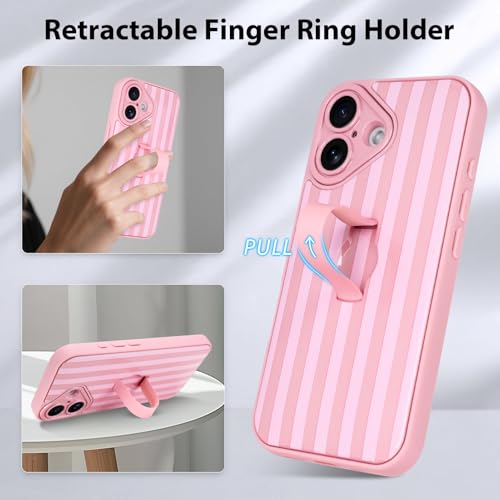 KANGHAR Compatible with iPhone 16 Case Stripes -Pink | Silicone Cute Pattern, Wristband Kickstand Camera Protection Soft Slim Cover for Girls Women - color: Pink-Stripes, size: iPhone 16
