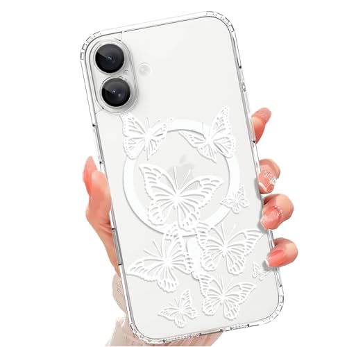 tharlet Magnetic for iPhone 16 Case, Compatible with MagSafe Butterfly | Anti Yellowing, Cute White Butterfly for Design for Women Girls, Slim Shockproof TPU Cover for iPhone 16 (Clear) - color: Butterfly, size: iPhone 16
