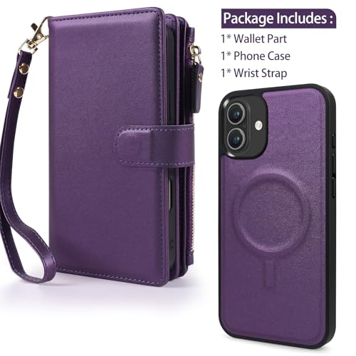 Magnetic Case for iPhone 16 Pro Max Wallet Compatible with Magsafe RFID Blocking Card Holder Detachable Phone Cover Kickstand Snap Strap Zipper Pocket PU Leather 6.9 inch 2024 (Purple) - color: Purple, size: iPhone 16 Pro Max