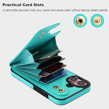 Folosu Compatible with iPhone 16 Case Wallet with Card Holder, 360°Rotation Finger Ring Holder Kickstand, RFID Blocking Leather Protective Double Buttons Shockproof Cover 6.1 Inch Mint Green - color: Mint Green