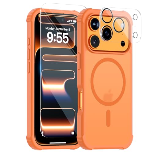 for iPhone 17 Pro Max Case,Compatible with MagSafe Full Protection Military-Grade Shockproof Cover with 1× Camera Lens Protector+1× Tempered Glass,Drop-Resistant Protective Phone Case,Orange - color: A3-Orange Matte Fall protection, size: iPhone 17 pro Ma