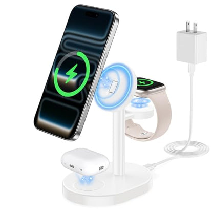 Hevanto 2026 3 in 1 Wireless Charging Station for Apple MagSafe Charger, 15W Fast Magnetic Mag-Safe Charger Stand for iPhone 17 16 15 14 13 12 Apple Watch AirPods Pro Series, White