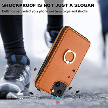 Folosu Compatible with iPhone 14 Case Wallet with Card Holder, 360°Rotation Finger Ring Holder Kickstand, RFID Blocking Leather Protective Double Buttons Shockproof Cover 6.1 Inch Brown - color: Brown, size: iPhone 14