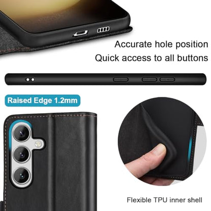 KEZiHOME Case for Galaxy S24 5G, Genuine Leather [RFID Blocking] Wallet Case with Card Slots Kickstand Folio Flip Phone Cover Compatible with Galaxy S24 5G (2024) (Black/Brown)