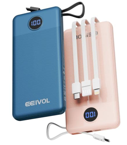 Portable Charger Built in 4 Cables, 10000mAh Power Bank, Blue&Pink - color: Blue&Pink