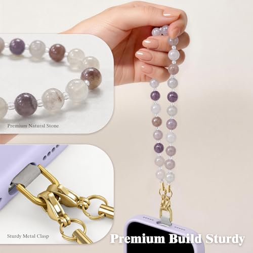 SURPHY Natural Stone Phone Charm, Beaded Phone Wrist Strap with Tether Tab - color: A- Mauve Haze Quartzite
