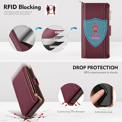 Antsturdy for iPhone 16 Pro Max Phone Wallet Case Women,Wine Red | RFID Blocking,with Credit Card Holder Slots,PU Leather Purse,Zipper Pocket,Wrist Strap Kickstand,Flip Folio Cover for Men - color: Wine Red