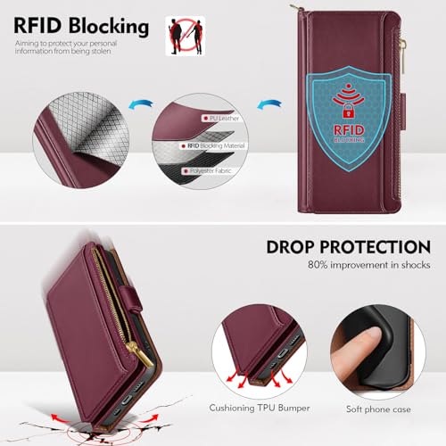 Antsturdy for iPhone 14 Plus Phone Wallet Case Women,Wine Red | RFID Blocking,with Credit Card Holder Slots,PU Leather Purse,Zipper Pocket,Wrist Strap Kickstand,Flip Folio Cover for Men - color: Wine Red