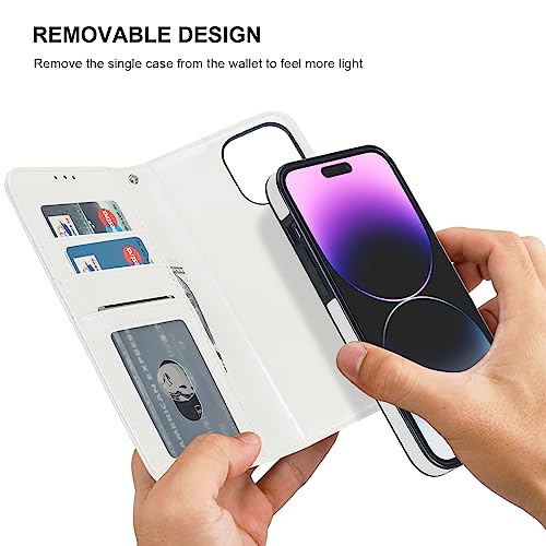Bocasal Detachable Wallet Case Card Holder for iPhone 14 Pro Max White | RFID Blocking Kickstand Card Slots Holder PU Leather Magnetic Shockproof Wrist Strap Removable Flip Protective Cover 6.7 inch - color: White
