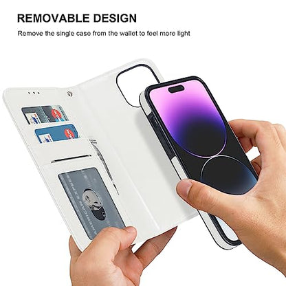 Bocasal Detachable Wallet Case Card Holder for iPhone 14 Pro Max White | RFID Blocking Kickstand Card Slots Holder PU Leather Magnetic Shockproof Wrist Strap Removable Flip Protective Cover 6.7 inch - color: White