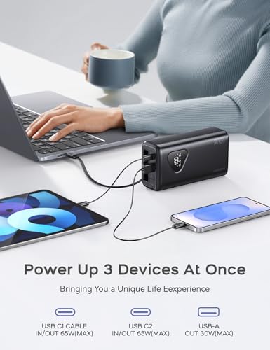 RORRY Laptop Power Bank, 25000mAh 65W Portable Charger Retractable Cables - color: Black