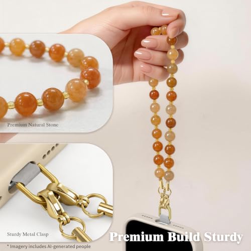 SURPHY Natural Stone Phone Charm, Beaded Phone Wrist Strap with Tether Tab - color: Aventurine Amber