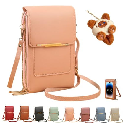 Women's Touch Screen Mobile Phone Messenger Bag,Anti-Theft Mobile Leather Bag,Leather Waterproof Crossbody Wallet Purse - color: Light Pink