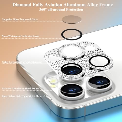 Bling Diamond Camera Lens Protector Cover Compatible for 15 Pro/15 Pro Max Full Coverage Camera Cover Screen Protector[Update] Shatter/Scratch-Resistant Ultra HD/Thin - Silver Diamond
