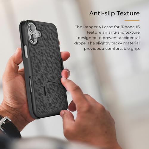 MOTIVE for iPhone 16 Case with Belt Clip, Rigid, Kickstand | 6.1" | Ranger v1 Series, Black, 360° holster, open-top/open-bottom port access, textured grip, slim - size: iPhone 16
