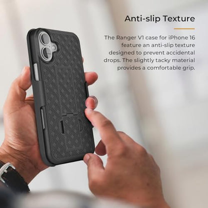 MOTIVE for iPhone 16 Plus Case with Belt Clip, Rigid, Kickstand | 6.7" | Ranger v1 Series, Black, 360° holster, open-top/open-bottom port access, textured grip, slim - size: iPhone 16 Plus