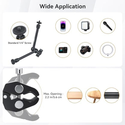 UTEBIT 13'' Magic Arm Camera Mount 360° Rotation 2-Sections Foldable Tabletop Holder with C-Clamp Overhead Camera Mount with 1/4" & 3/8" Screw Hole for DSLR, Digicam, Webcam, Microphone - size: 13 inch