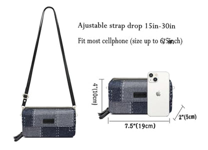 RFID Crossbody Wallet Wristlet Purse with Phone Pocket For Women Vegan Leather - color: Navy Blue -Denim