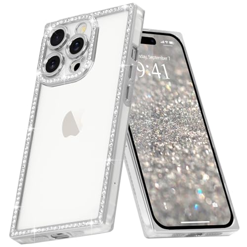 Clear Glitter Phone Case for iPhone 13 Pro Luxury Bling Diamond | Sparkly Rhinestones Soft TPU Plating Rectangle Edge Camera Protection Transparent Shockproof Cover for Women Girls, Silver - color: Silver, size: iPhone 13 Pro