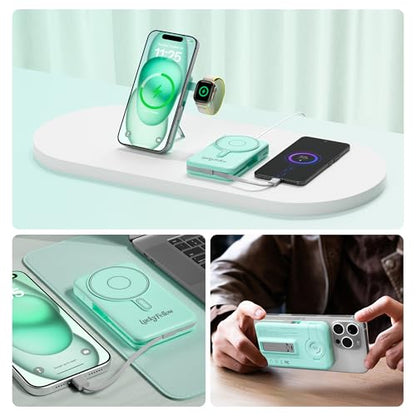 Magnetic Portable Charger Built-in Cables,10000mAh Fast Charging Wireless Charger Station External Battery Pack Slim Pocket Size Power Bank with Stand Compatible with iWatch, iPhone - color: Green