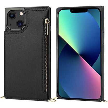 Bocasal Crossbody Wallet Case with Strap for iPhone 13/14, Black | RFID Blocking Card Slot Holder, Magnetic Flip Folio Purse Case, PU Leather Zipper Handbag Detachable Lanyard Strap 6.1 Inch - color: Black