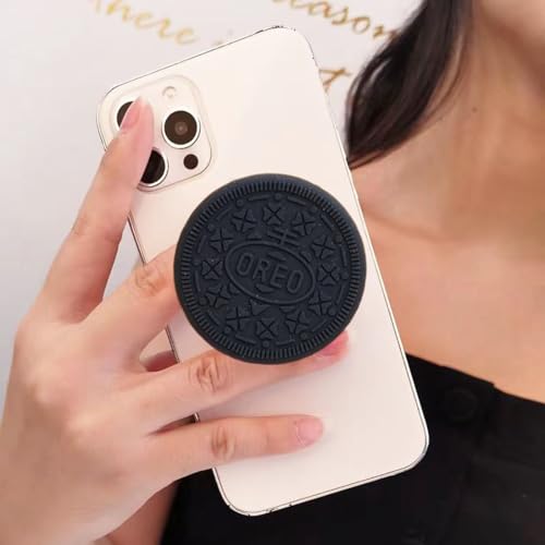 Cute Black Cookie Collapsible Phone Grip - Kawaii Phone Stand Holder for Women, Large Phone Grip Compatible with Kindle Paperwhite, iPad, iPhone,Phone Charm, Phone Accessories, Phone Snap Grip