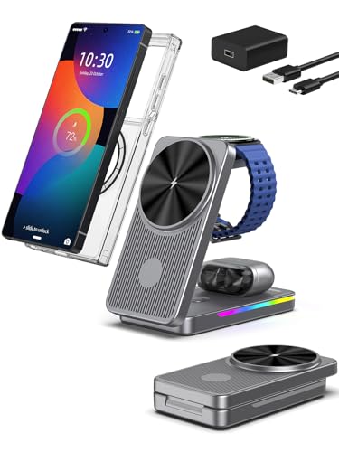 Magnetic Wireless Charger for Samsung, 3 in 1 Travel Charging Station - color: Grey