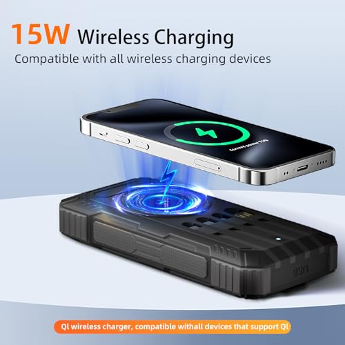Solar Charger Power Bank 49800mAh Wireless Portable Phone Charger, 22.5W QC3.0 Fast Charging Built in 4 Cables with USB C 6 Outputs & 2 Inputs for All Cell Phone - color: Black