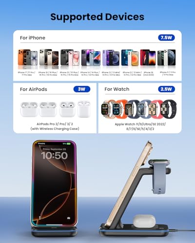 Wireless Charger Stand, CIYOYO 3 in 1 Fast Wireless Charging Station Dock for Apple Watch 11/9/8/7/6/SE/5/4/3/2, Airpods 3/2/Pro, iPhone 17/16/15/14/14 Plus/14 Pro Max/13/13 Pro/12/12 Pro/SE/X/XR/XS/8 - color: Black