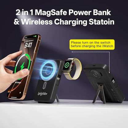 Magnetic Portable Charger Built-in Cables,10000mAh Fast Charging Wireless Charger Station External Battery Pack Slim Pocket Size Power Bank with Stand Compatible with iWatch, iPhone - color: Black