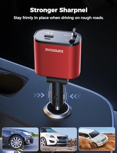 [Upgraded] SUPERONE Retractable Car Charger 4 in 1 Fast Car Phone Charger - color: Red