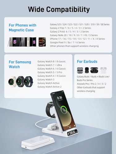 Wireless Charger for Samsung S25 with Clock 3 in1 Foldable Charging Station - color: White