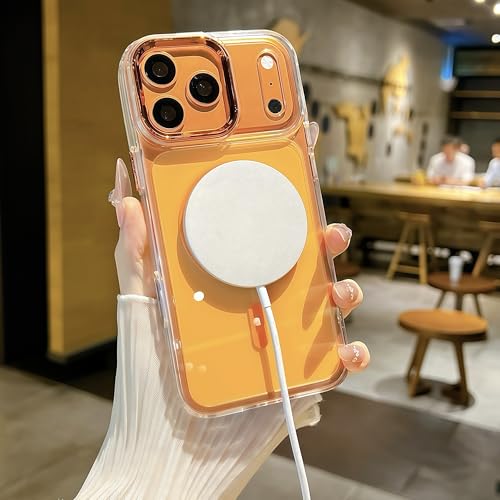 for iPhone 17 Pro Max Clear Case with Electroplated Camera Ring & Buttons, MagSafe Compatible, Military-Grade Shockproof, Anti-Yellowing Slim Transparent Cover - color: Orange