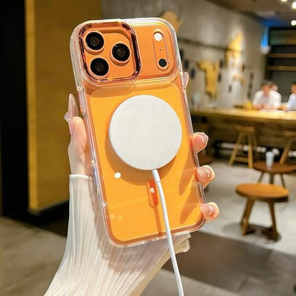 for iPhone 17 Pro Max Clear Case with Electroplated Camera Ring & Buttons, MagSafe Compatible, Military-Grade Shockproof, Anti-Yellowing Slim Transparent Cover - color: Orange