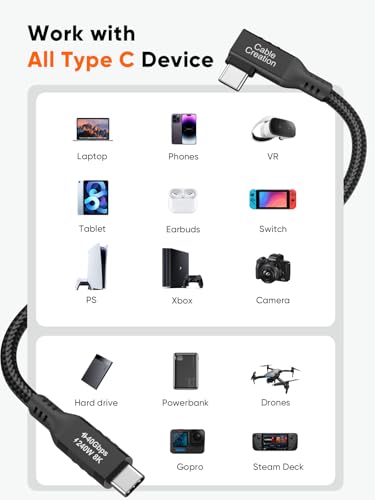 Angle USB 4 Cable,USB C to C for SSD,MacBook Pro, iPhone17,Dock,Auto 0.5ft - color: 40G, size: 0.5FT-Angled
