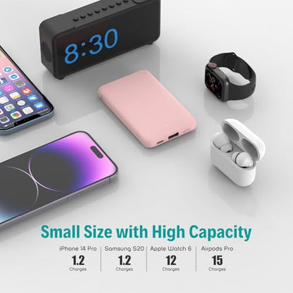 Sethruki Smallest Portable Charger with Built-in Cables 5000mAh,Ultra Slim Power Bank,Mini High Speed External Battery Packs,Lightweight USB C Phone Charger for iPhone Samsung Google Android (Pink) - color: pink