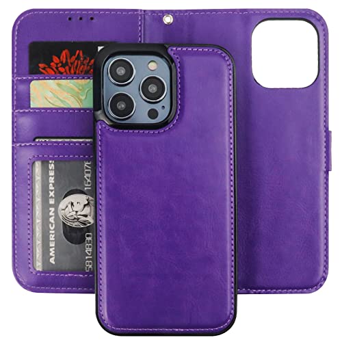 Bocasal Detachable Wallet Case Card Holder for iPhone 14 Pro Max Purple | RFID Blocking Kickstand Card Slots Holder PU Leather Magnetic Shockproof Wrist Strap Removable Flip Protective Cover 6.7 inch - color: Purple