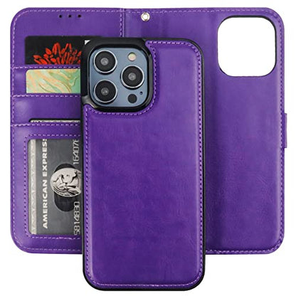 Bocasal Detachable Wallet Case Card Holder for iPhone 14 Pro Max Purple | RFID Blocking Kickstand Card Slots Holder PU Leather Magnetic Shockproof Wrist Strap Removable Flip Protective Cover 6.7 inch - color: Purple