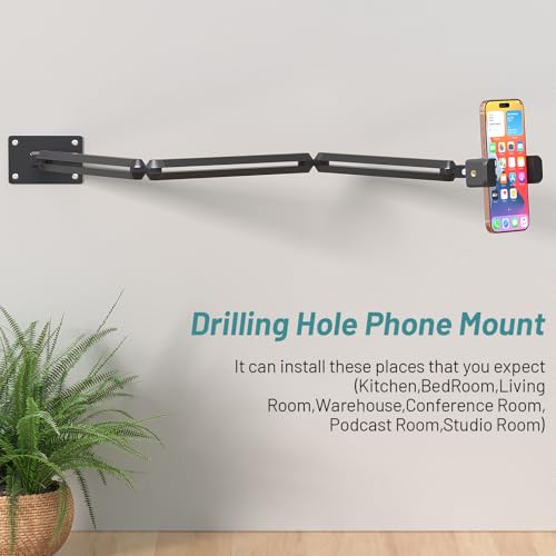 Wall Mount Phone Holder,Phone Holder for Desk Bed,3-Stage Aluminium iPhone Stand,Foldable Extendable Arms Heavy Duty Drilling Base,Compatible with 3.5~7.5" iPhone/HTC/LG/Huawei/Galaxy/Smartphones