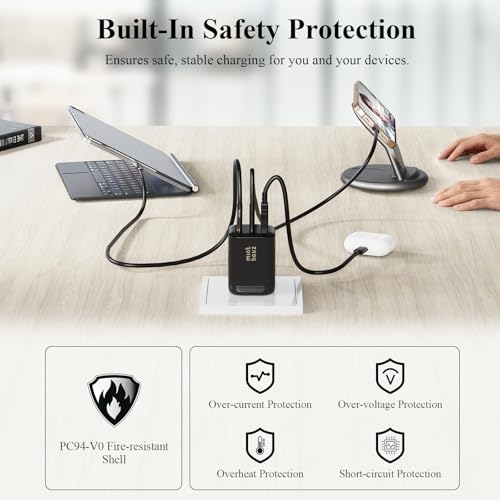 Minthouz 67W GaN Charger, 3-Port Fast Charging Power Adapter with Type-C & USB-A, for iPhone 17/16/15, iPad Pro, MacBook Air/Pro, Galaxy S25/S24, Google Pixel, Compact Travel Charger with 3.9FT Cable