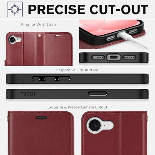 TUCCH Case Wallet with Wrist Strap for iPhone 17e 16e (6.1"), Dark Red | 4 Card Slots, RFID Blocking, Kickstand, Shockproof TPU Shell, PU Leather, Magnetic Closure, Folio Flip Cover - color: Strap - Dark Red