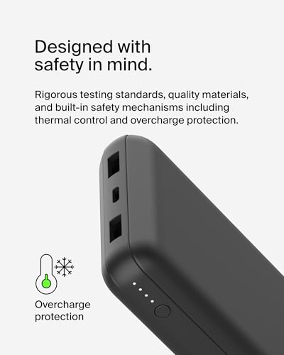 Belkin 20000mAh 15W 3 Port Power Bank, USB A to USB C Cable Included - color: Black