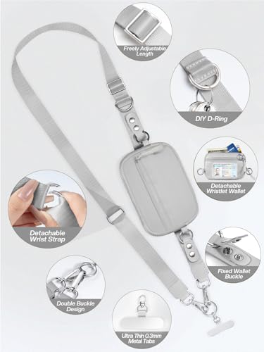 Tiostep Clip and Go Strap for Phone with Wallet Crossbody Phone Lanyard Adjustable and Detachable RFID Wristlet Wallet (Grey, Medium) - color: Grey, size: Medium