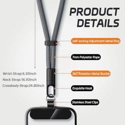 KITANIS 2 Pack Phone Lanyard,2×Phone Neck Strap,4×Tether Tabs,Universal Cell Phone Multifuctional Patch Polyester Lanyards,Cell Phone Lanyards for Women and Men(balck+grey) - color: Black+grey, size: 16.9''Neck Strap