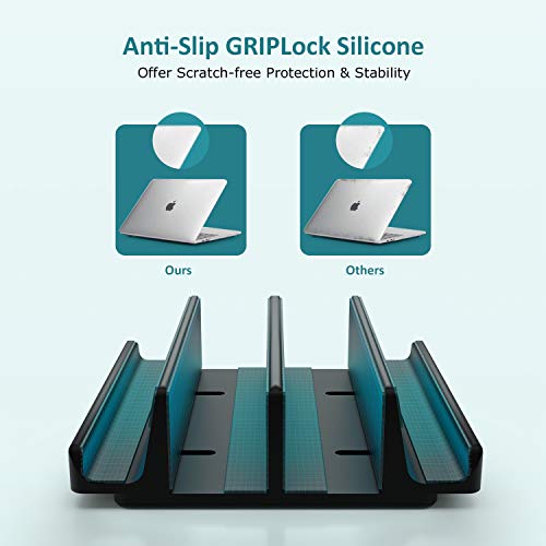Vertical Laptop Stand - SPACEMax Adjustable GRIPLock Anti-Tip Silicone 4 Slots Aluminum Desktop Holder - Double Dock Stand - 2 Phone Slots Fits Up to 17.3” Laptops, Tablets, Phones - Black - color: Black