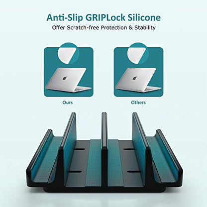 Vertical Laptop Stand - SPACEMax Adjustable GRIPLock Anti-Tip Silicone 4 Slots Aluminum Desktop Holder - Double Dock Stand - 2 Phone Slots Fits Up to 17.3” Laptops, Tablets, Phones - Black - color: Black