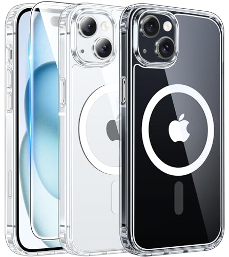 FNTCASE for iPhone 15 Case Clear: iPhone 14/13 Case Magnetic Phone Cases with Screen Protector Compatible with Magsafe Slim Anti Yellowing Rugged Protective Transparent Cell Cover (A-Clear) - color: A-Clear, size: For Iphone 15/14/13 6.1 Inch